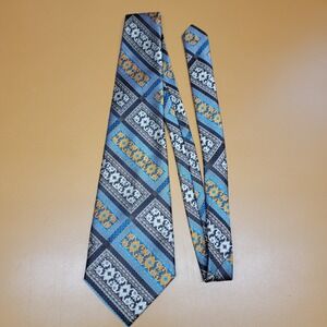 Vintage Andhurst Geometric Floral Tapestry Wide Tie Blue Gold Brown 4 Inch